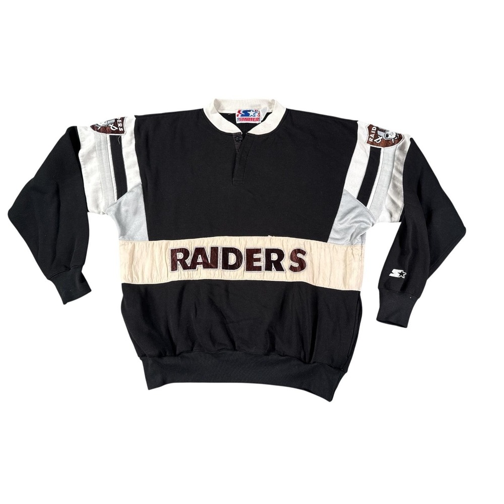 Vintage Las Vegas Raiders Sweater Mens XL Black White Rugby Logo Starter 90s